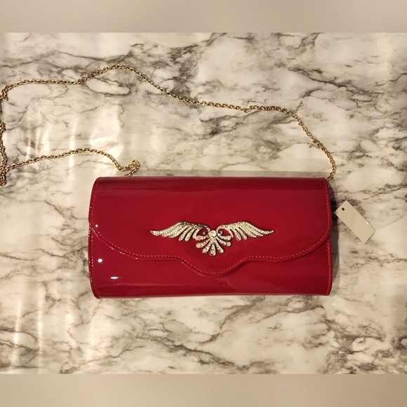 BNWT Red Evening Purse with Gold/Rhinestone Detail & Removable Gold Chai… - Picture 4 of 5